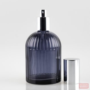 250ml "St Mary's" Ribbed Bottle with Panel Clear Black Glass and Shiny Silver Atomiser with Shiny Silver Overcap
