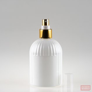 250ml "St Mary's" Ribbed Bottle with Panel Gloss White Glass and Shiny Gold Atomiser with Clear Overcap
