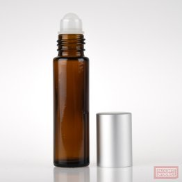 10ml Amber Glass Roll-on Bottle with Plastic Ball and Matt Silver Cap