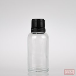 30ml Clear Glass Pharmacy Bottle with Black Tamper Cap