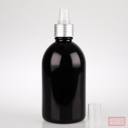 French Pharmacy Bottle Gloss Black with Matt Silver Atomiser and Clear Overcap